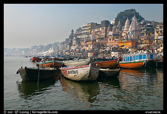 Ganges River, with boats and Dasaswamedh Ghat. Varanasi, Uttar Pradesh, India (color)