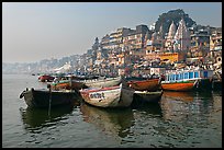 Ganges River, with boats and Dasaswamedh Ghat. Varanasi, Uttar Pradesh, India (color)