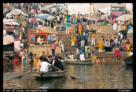 Boats and stone steps leading to Ganga River, Dasaswamedh Ghat. Varanasi, Uttar Pradesh, India (color)