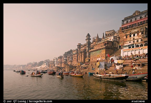 Bathing ghats and Ganga River at sunrise. Varanasi, Uttar Pradesh, India