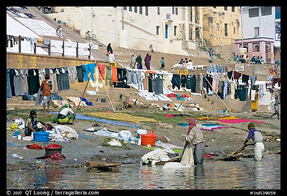 Laundry washed and hanged on Ganges riverbank. Varanasi, Uttar Pradesh, India (color)