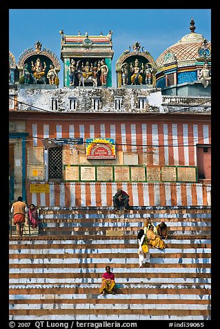 Temple with colorful stripes and steps. Varanasi, Uttar Pradesh, India (color)