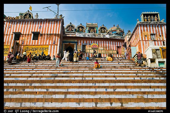 Colorful stripes and steps of shrine at Kedar Ghat. Varanasi, Uttar Pradesh, India (color)