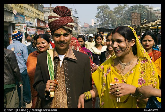 Bride and groom in a street. Varanasi, Uttar Pradesh, India