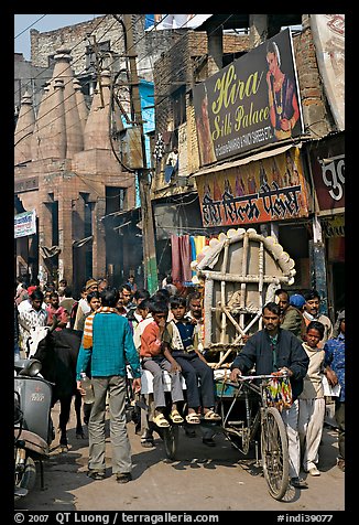 Man moving devotional image and children on rickshaw. Varanasi, Uttar Pradesh, India (color)