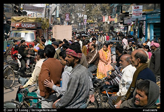 Riders waiting in congested street. Varanasi, Uttar Pradesh, India (color)
