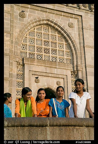 Girls in front of Gateway of India. Mumbai, Maharashtra, India