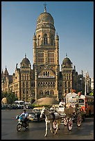 Horse carriage and colonial-area building of Bombay Municipal Corporation. Mumbai, Maharashtra, India