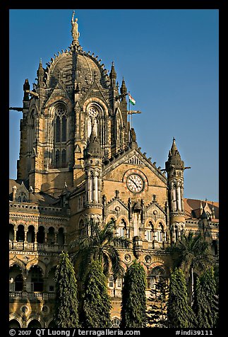 Cathedral-like Chhatrapati Shivaji Terminus main tower. Mumbai, Maharashtra, India (color)