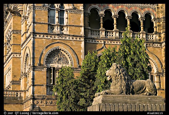 Lion and facade, Chhatrapati Shivaji Terminus. Mumbai, Maharashtra, India