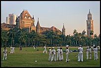 Boys in cricket attire on Oval Maidan, High Court, and Rajabai Tower. Mumbai, Maharashtra, India