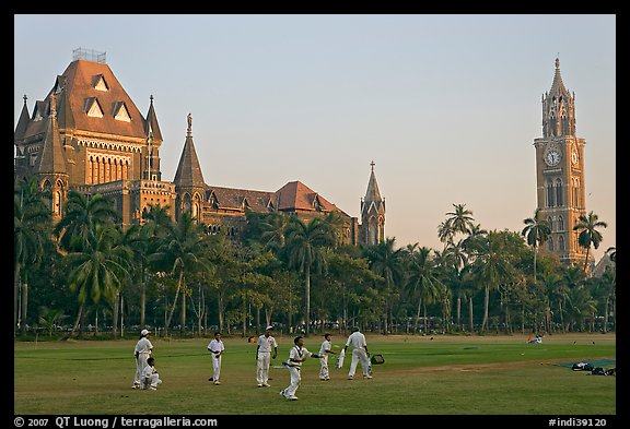Cricket players, Oval Maiden, High Court, and University of Mumbai. Mumbai, Maharashtra, India (color)