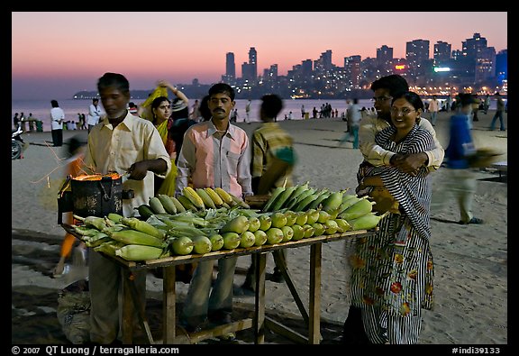 Corn stall at twilight, Chowpatty Beach. Mumbai, Maharashtra, India (color)