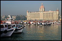 Tour boats and Taj Mahal Palace, morning. Mumbai, Maharashtra, India (color)