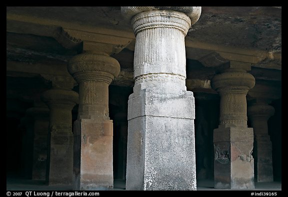 Pilars in main cave, Elephanta Island. Mumbai, Maharashtra, India