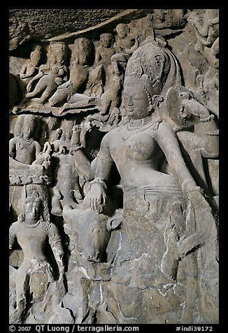 Ardhanarishwar rock-carved sculpture, main Elephanta cave. Mumbai, Maharashtra, India (color)