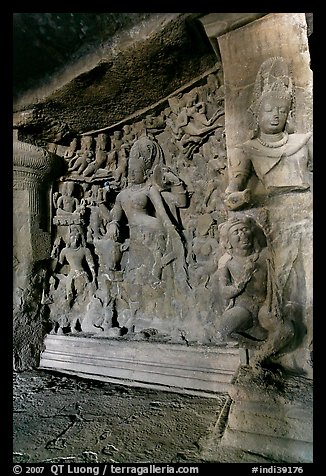 Shiva Shakti rock-carved sculpture, main Elephanta cave. Mumbai, Maharashtra, India