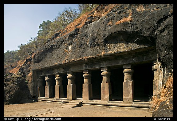 Outside of rock-cut cave, Elephanta Island. Mumbai, Maharashtra, India (color)