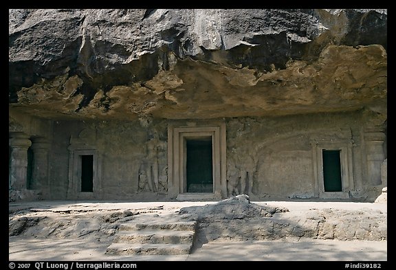 Cave with sculptures and entrances, Elephanta Island. Mumbai, Maharashtra, India