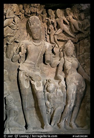 Gangadhara (descent of the Ganges) sculpture, main Elephanta cave. Mumbai, Maharashtra, India (color)