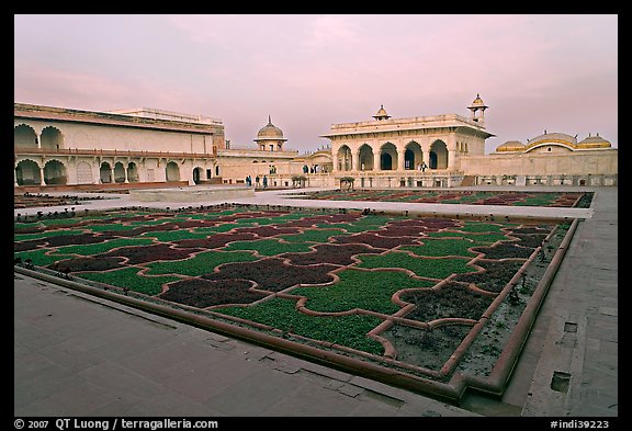 Anguri Bagh garden and Khas Mahal palace, Agra Fort, dusk. Agra, Uttar Pradesh, India