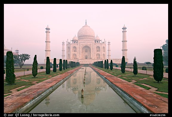 Ornamental gardens and Taj Mahal, sunrise. Agra, Uttar Pradesh, India