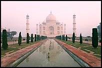 Ornamental gardens and Taj Mahal, sunrise. Agra, Uttar Pradesh, India (color)