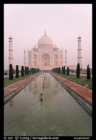 Tomb  reflected in basin, sunrise, Taj Mahal. Agra, Uttar Pradesh, India (color)