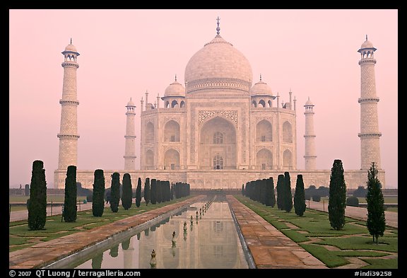 Taj Mahal, charbagh gardens, and watercourse, sunrise. Agra, Uttar Pradesh, India (color)