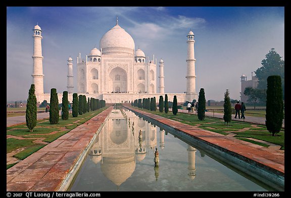 Taj Mahal and reflection, morning. Agra, Uttar Pradesh, India (color)