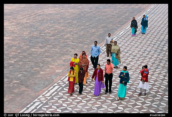 Families walking on decorated terrace, Taj Mahal. Agra, Uttar Pradesh, India