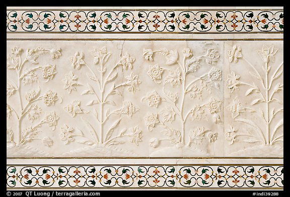 Vegetative motifs on white marble dados, Taj Mahal. Agra, Uttar Pradesh, India (color)