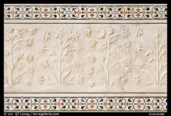 Vegetative motifs on white marble dados, Taj Mahal. Agra, Uttar Pradesh, India (color)