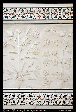 Bas reliefs and pietra dura inlays of flowers, Taj Mahal. Agra, Uttar Pradesh, India