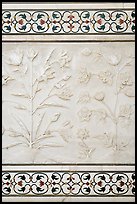 Bas reliefs and pietra dura inlays of flowers, Taj Mahal. Agra, Uttar Pradesh, India (color)