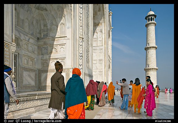 Colorful tourists on the platform, Taj Mahal,. Agra, Uttar Pradesh, India