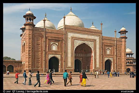 Taj Mahal masjid with people strolling. Agra, Uttar Pradesh, India (color)