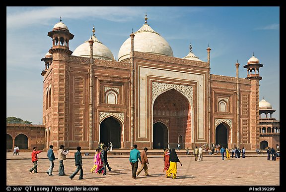 Taj Mahal masjid with people strolling. Agra, Uttar Pradesh, India