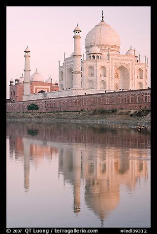 Taj Mahal and Jawab reflected in Yamuna River, sunset. Agra, Uttar Pradesh, India (color)