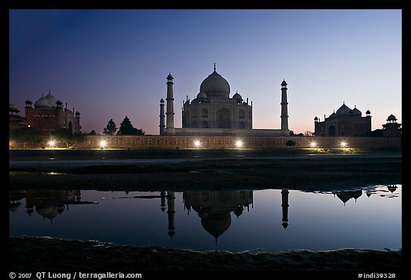 Jawab, Taj Mahal, and Taj Mahal mosque over Yamuna River at dusk. Agra, Uttar Pradesh, India (color)