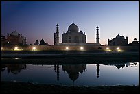 Jawab, Taj Mahal, and Taj Mahal mosque over Yamuna River at dusk. Agra, Uttar Pradesh, India