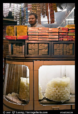 Store selling peitha squares, a local sweet. Agra, Uttar Pradesh, India (color)