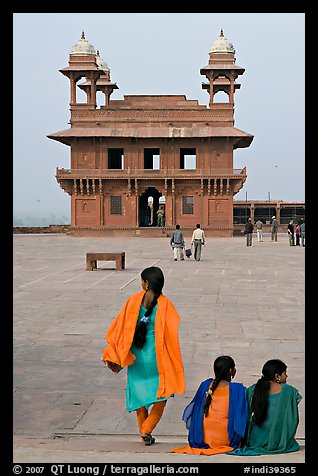 Women, Pachisi courtyard, and Diwan-i-Khas. Fatehpur Sikri, Uttar Pradesh, India (color)