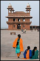 Women, Pachisi courtyard, and Diwan-i-Khas. Fatehpur Sikri, Uttar Pradesh, India