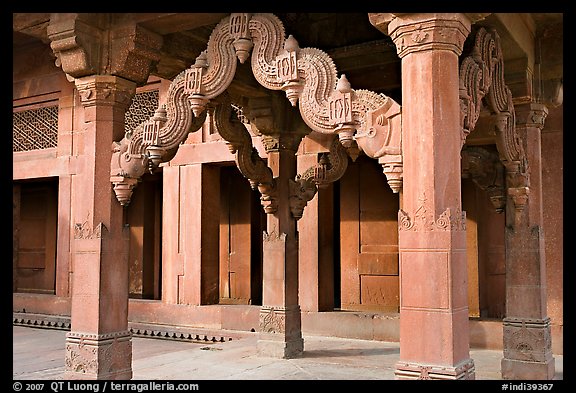 Columns in front of the Treasury building. Fatehpur Sikri, Uttar Pradesh, India (color)