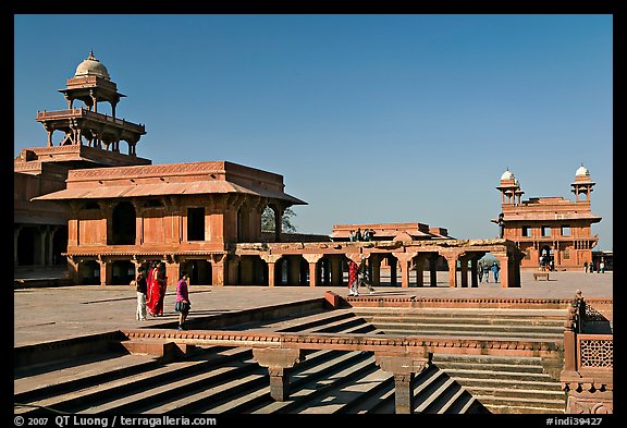 Steps of ornamental pool, Panch Mahal, Diwan-i-Khas, and main courtyard. Fatehpur Sikri, Uttar Pradesh, India