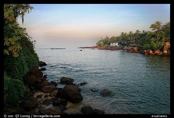 Oceanfront with house and palm trees, Dona Paula. Goa, India (color)