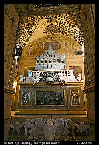 Three-tiered marble tomb of St Francis, Basilica of Bom Jesus, Old Goa. Goa, India