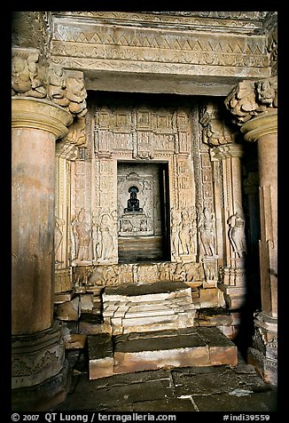 Columns and inner sanctum  with black image of Parsvanatha, Parsvanatha temple, Eastern Group. Khajuraho, Madhya Pradesh, India