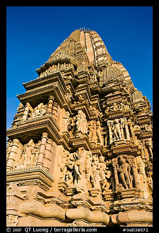 Bands of sculptures and sikhara, Javari Temple, Eastern Group. Khajuraho, Madhya Pradesh, India (color)